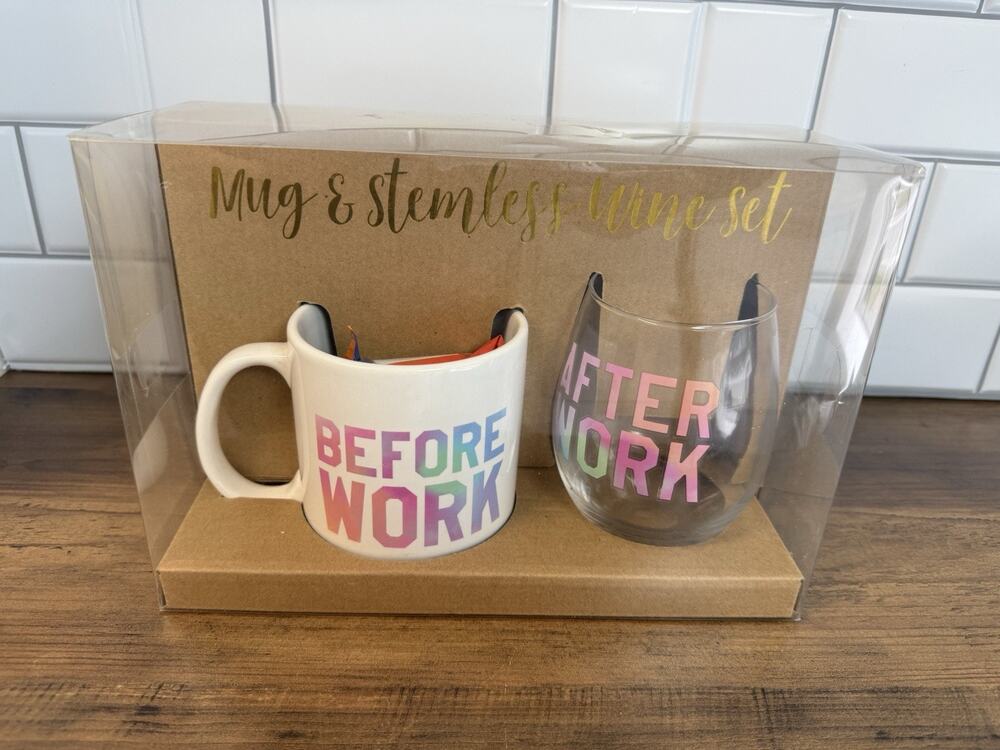 NEW TMD Holdings Before Work & After Work 18oz Mug & 22oz Wine Glass Set